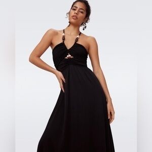 DVF Caty Black Maxi Dress | Beaded Halter Cutout | Size M | NWT